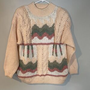 BRAMBLE LANE Chunky Cable Knit Fisherman Sweater Women's Large Hand Knit‎ Peach